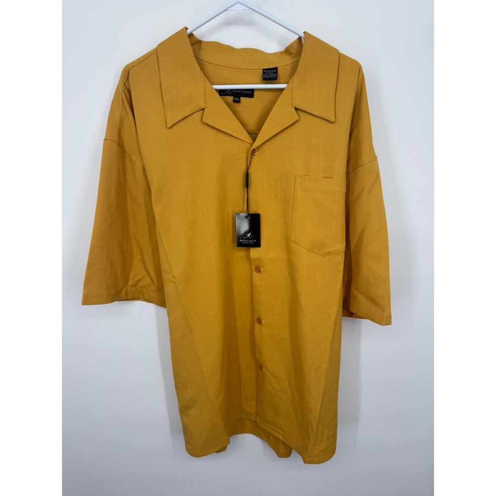 NWT Montique Button-Up Shirt Men 3XL Mustard Buttons Short Sleeve Summer Classic